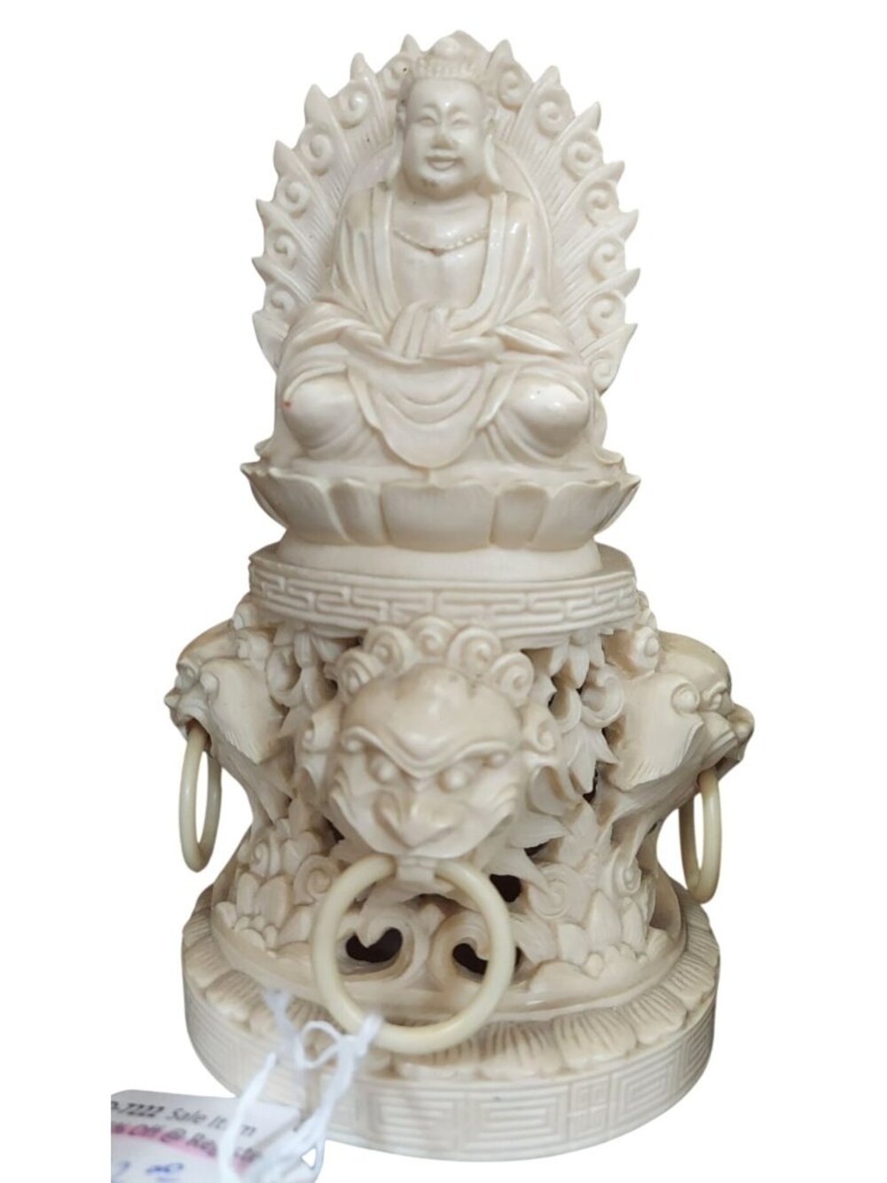 Vintage Hand-Carved Buddha Faux Ivory Figurine With Dragon Base 8" Tall Intricat